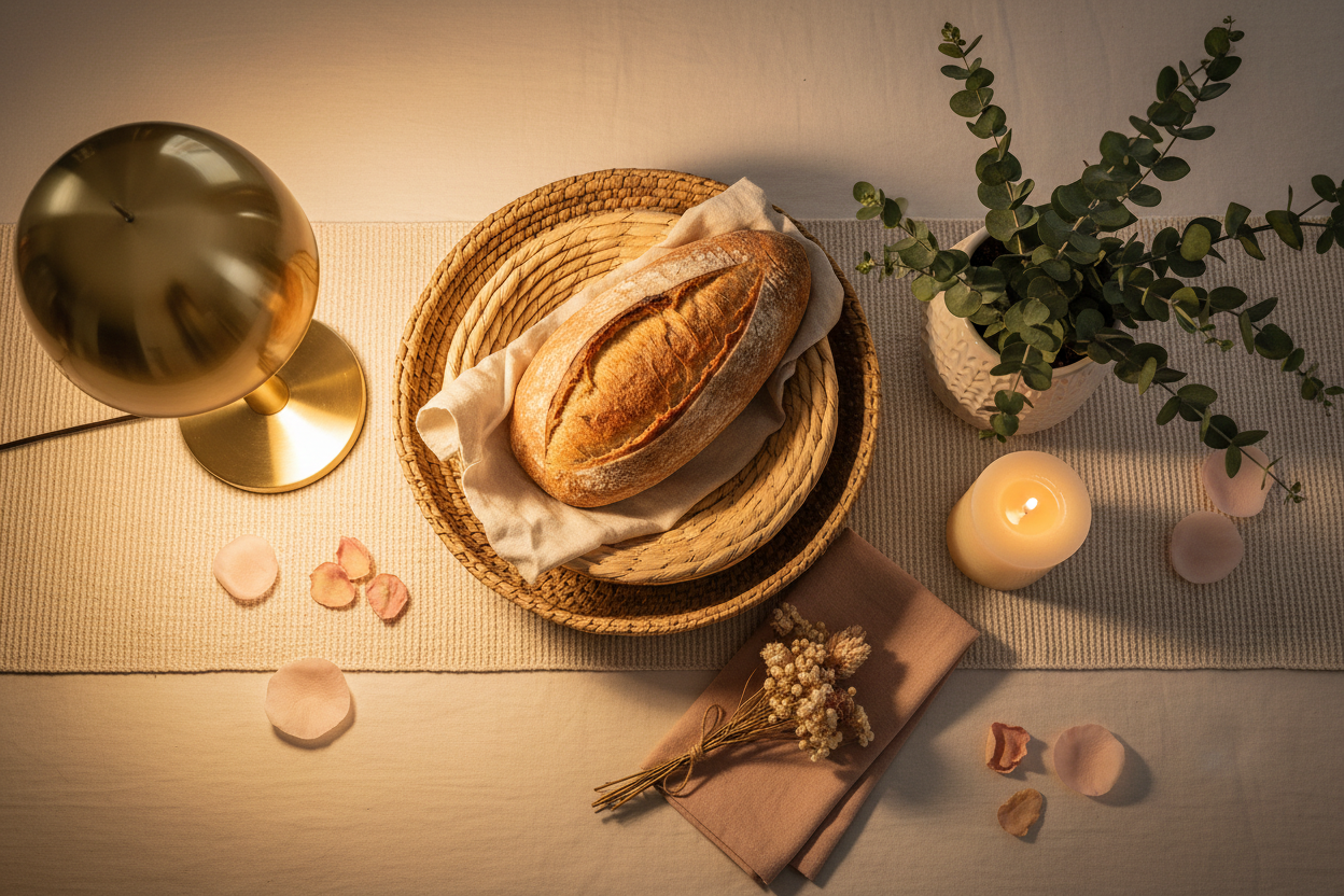 Flat lay: Woven bread warmer and basket, gold brass lamp, ceramic planter with eucalyptus, flickering candle. Warm golden hour light, soft shadows. Luxe lifestyle aesthetic