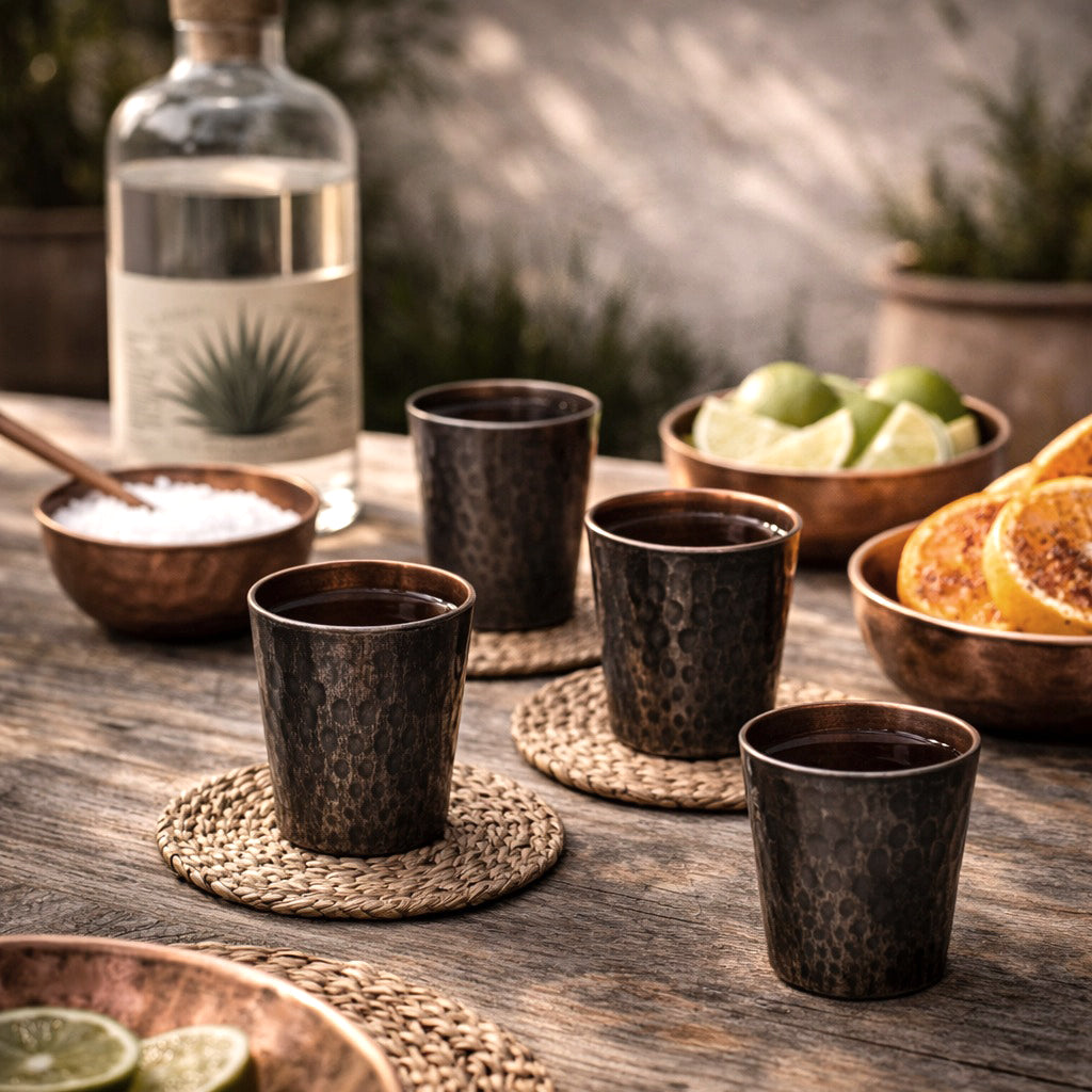 Set of bronze glasses with other condiments on a table