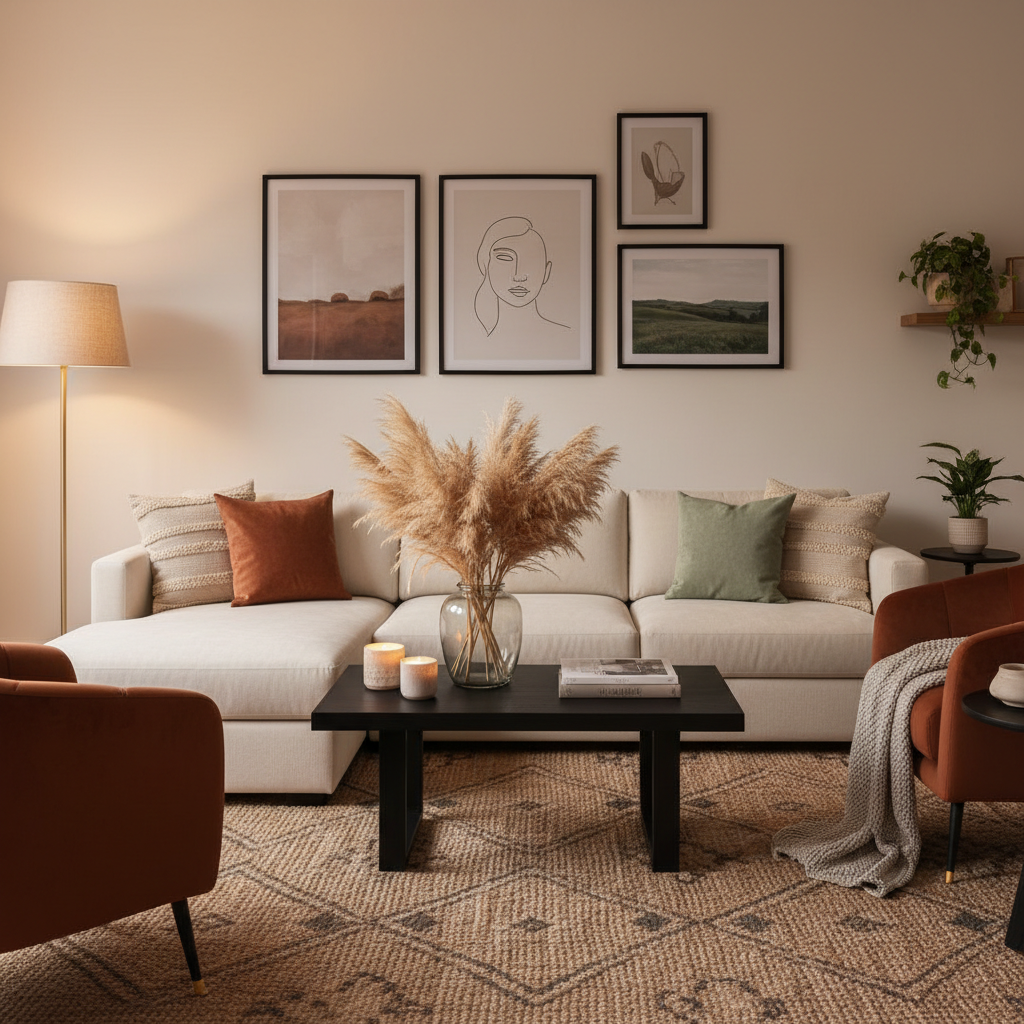 Living room filled with decor items on sofa and coffee table