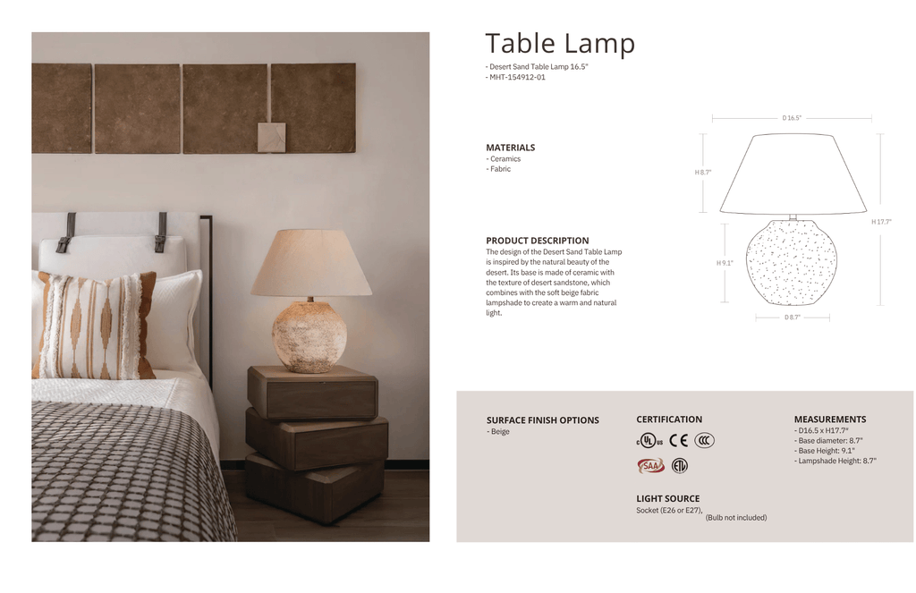 Table lamp on a nightstand next to a bed with a neutral color scheme