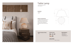 Table lamp on a nightstand next to a bed with a neutral color scheme