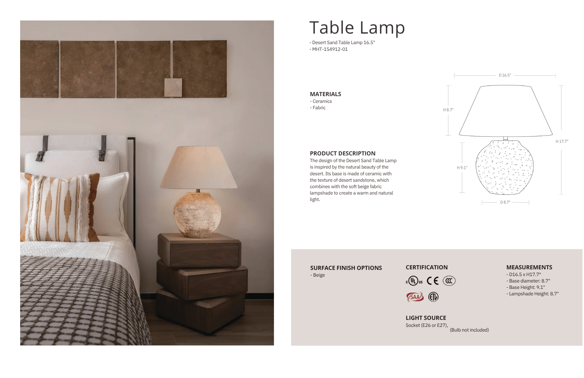 Table lamp on a nightstand next to a bed with a neutral color scheme