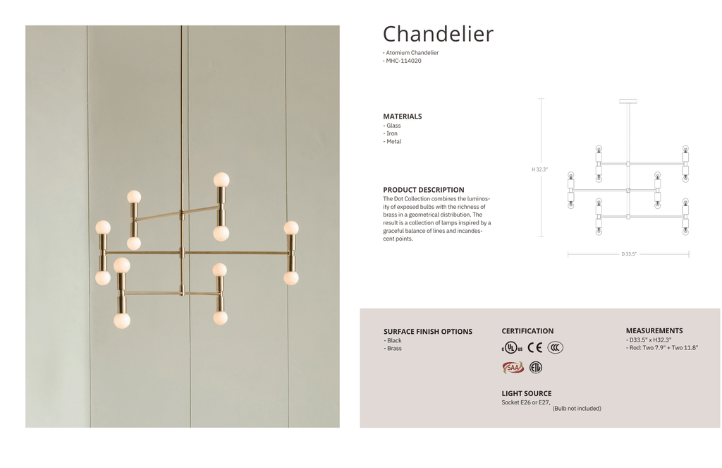 Chandelier design with material and measurement details on a light gray background