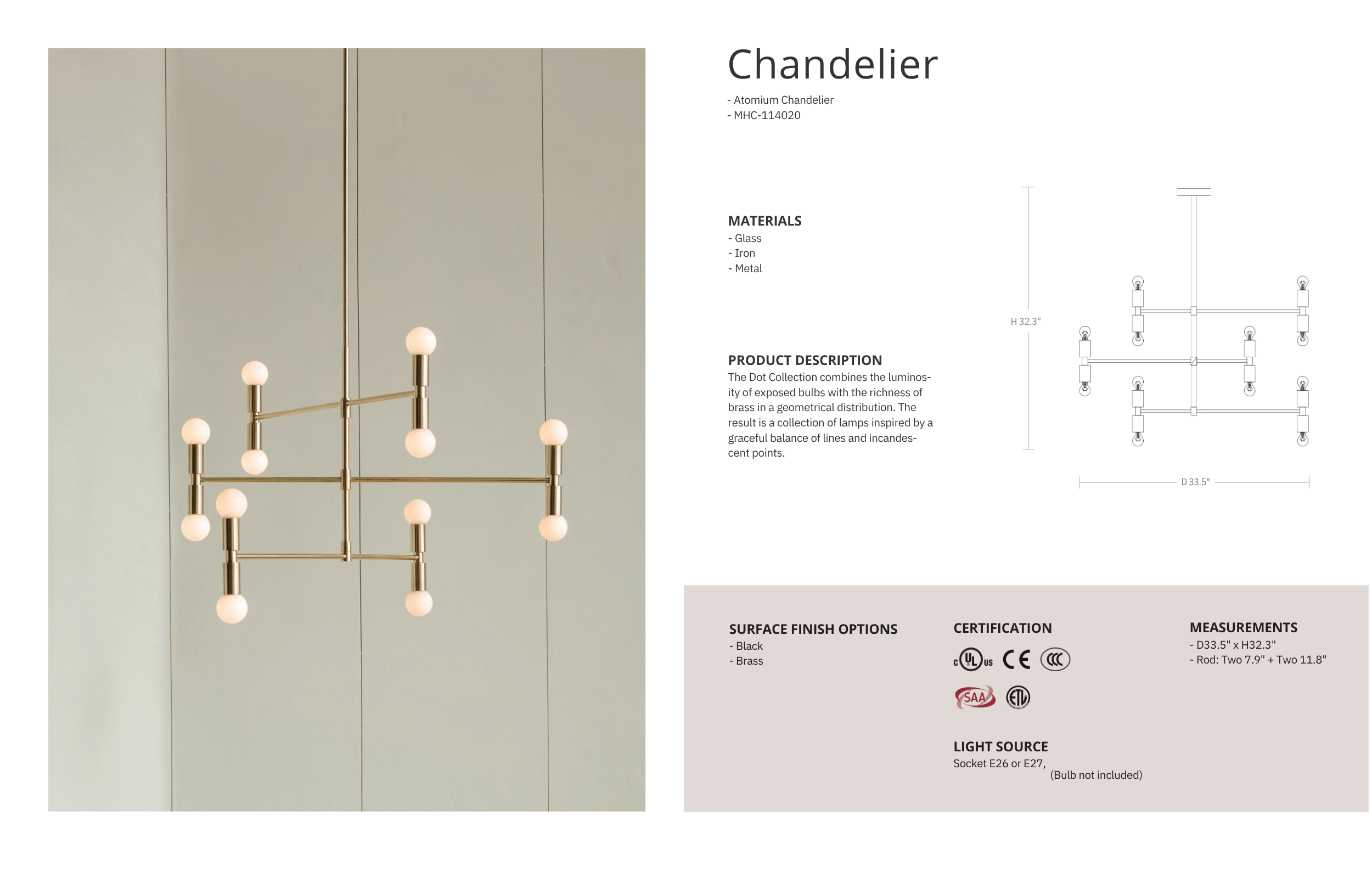 Chandelier design with material and measurement details on a light gray background