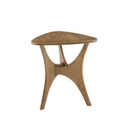 Wooden side table with a unique design on a white background