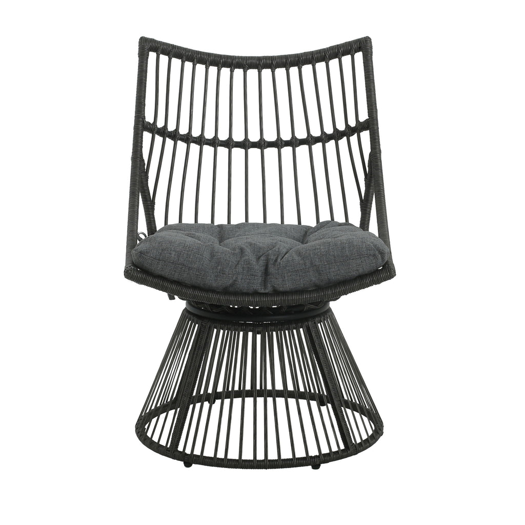 Black woven chair with a gray cushion on a white background