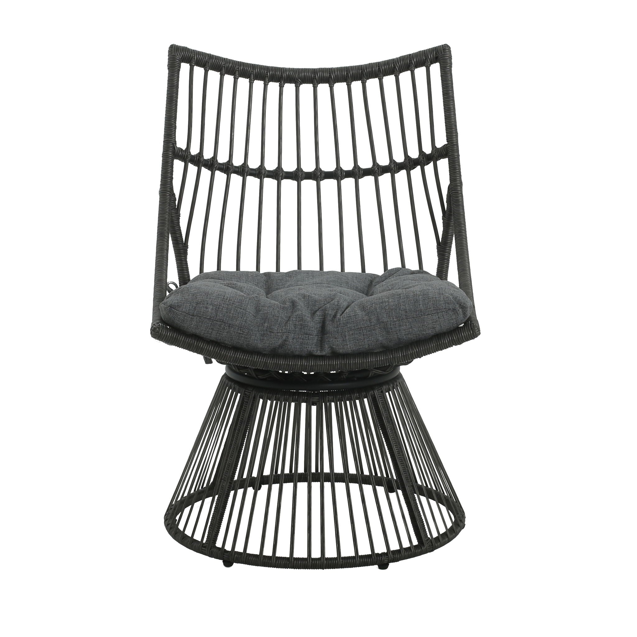 Black woven chair with a gray cushion on a white background