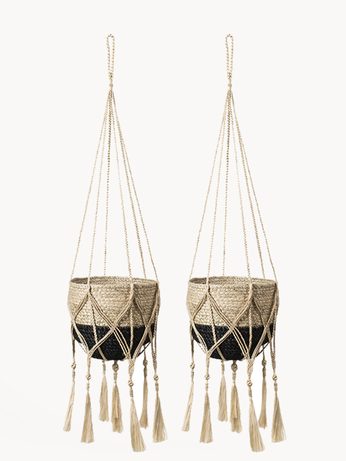 Two macrame plant hangers with tassels on a white background