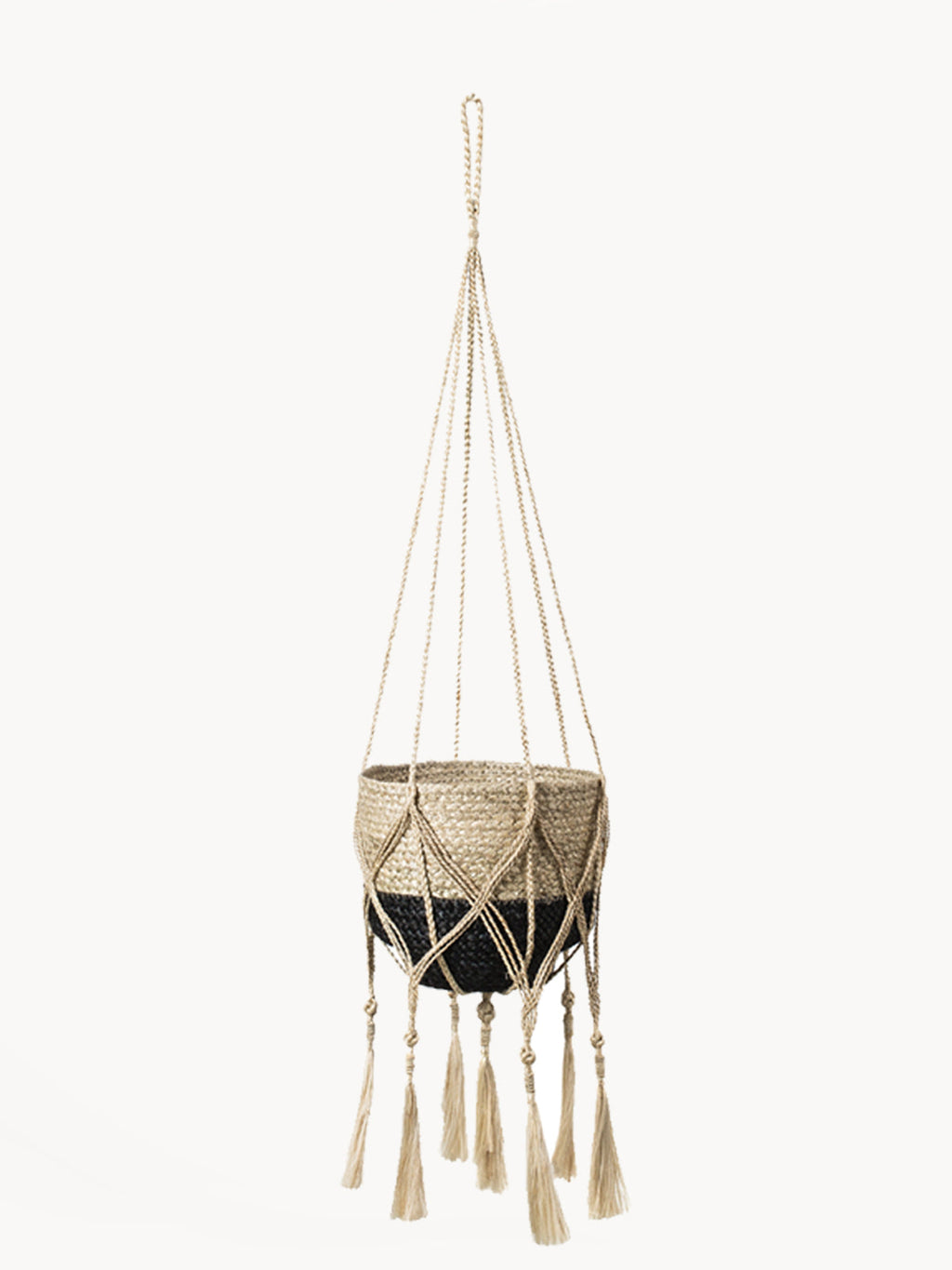 Macrame plant hanger with a woven design and tassels on a white background