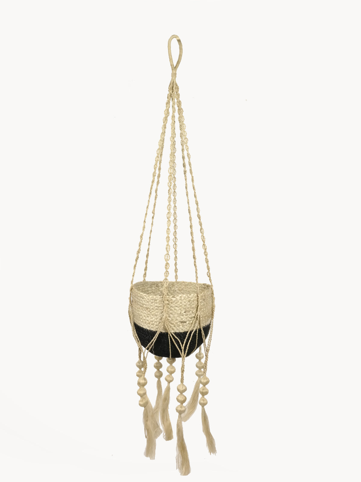 Beige macrame plant hanger with tassels on a white background