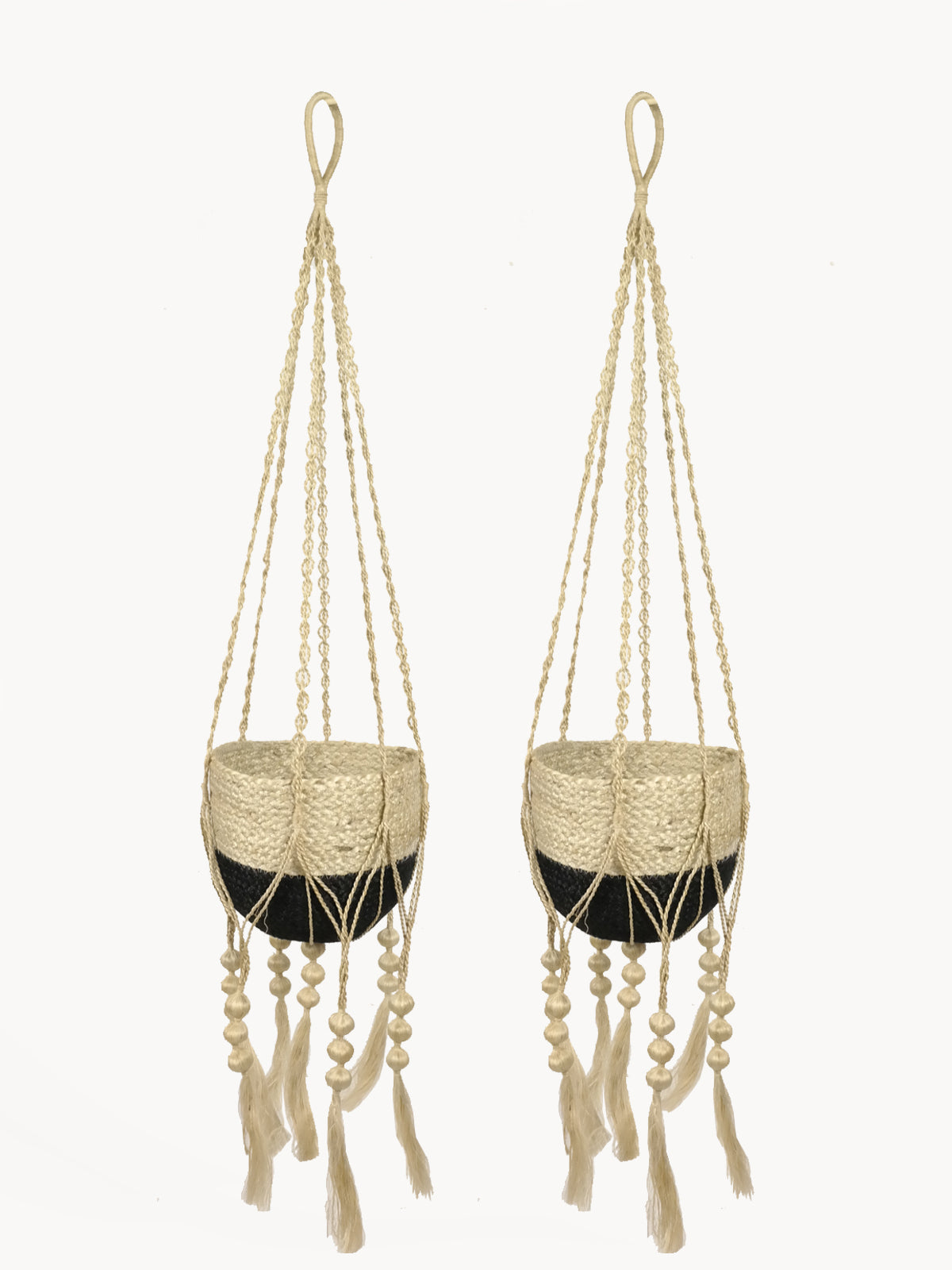 Two macrame plant hangers with tassels on a white background