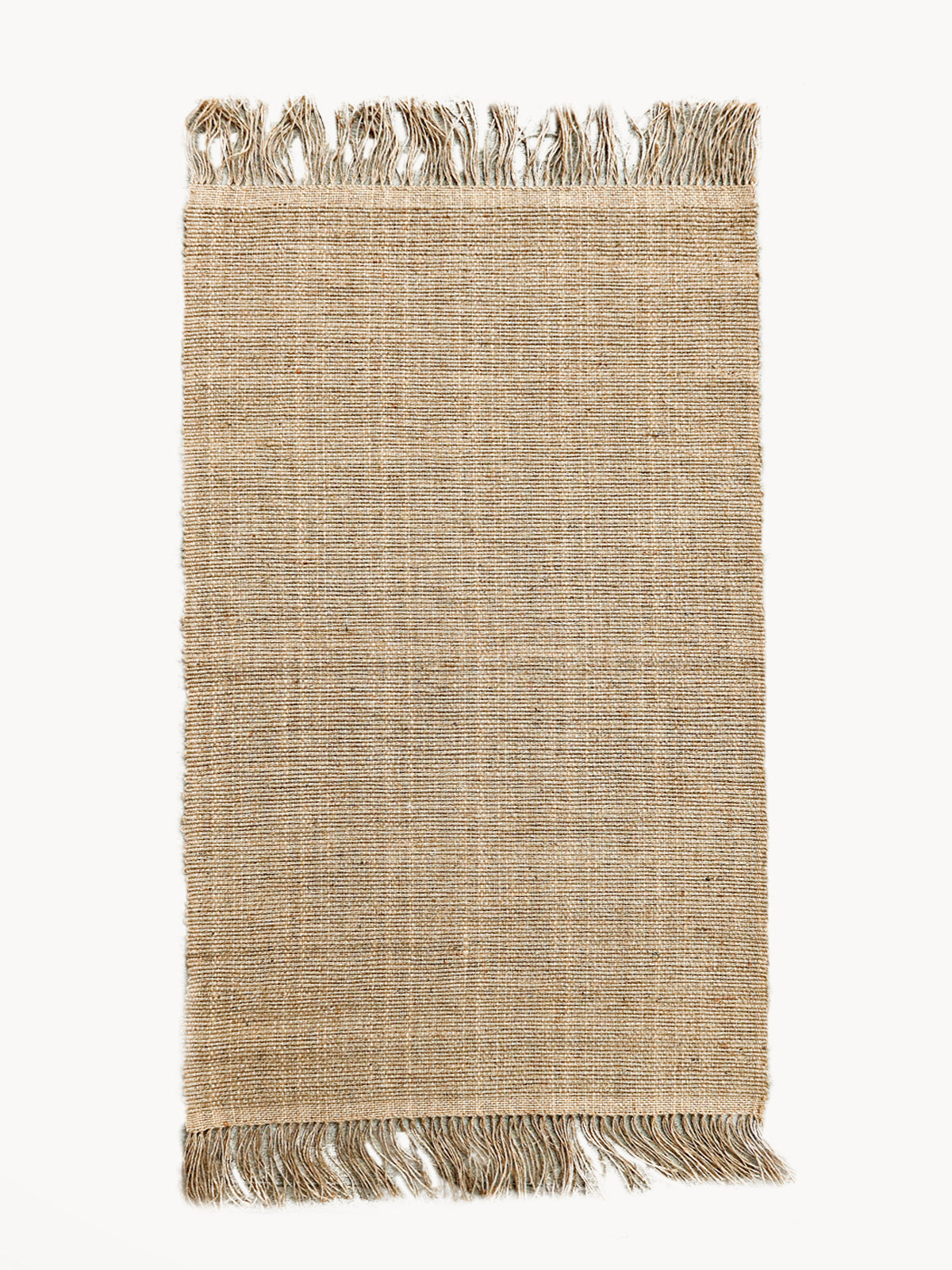 Beige woven rug with fringes on a white background