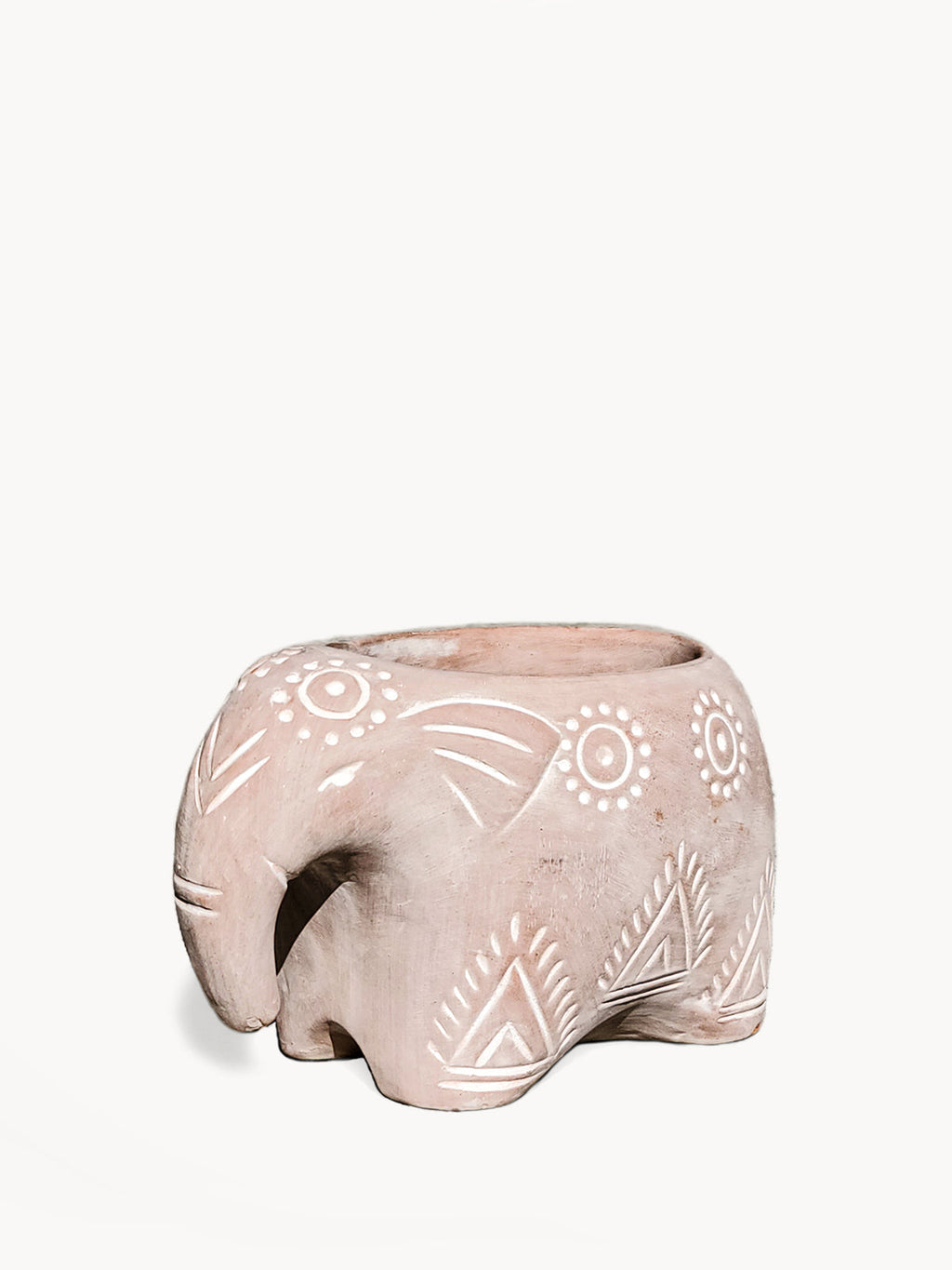 Ceramic elephant planter with decorative patterns on a white background