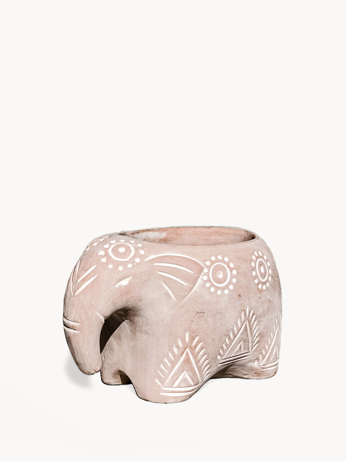 Ceramic elephant planter with decorative patterns on a white background