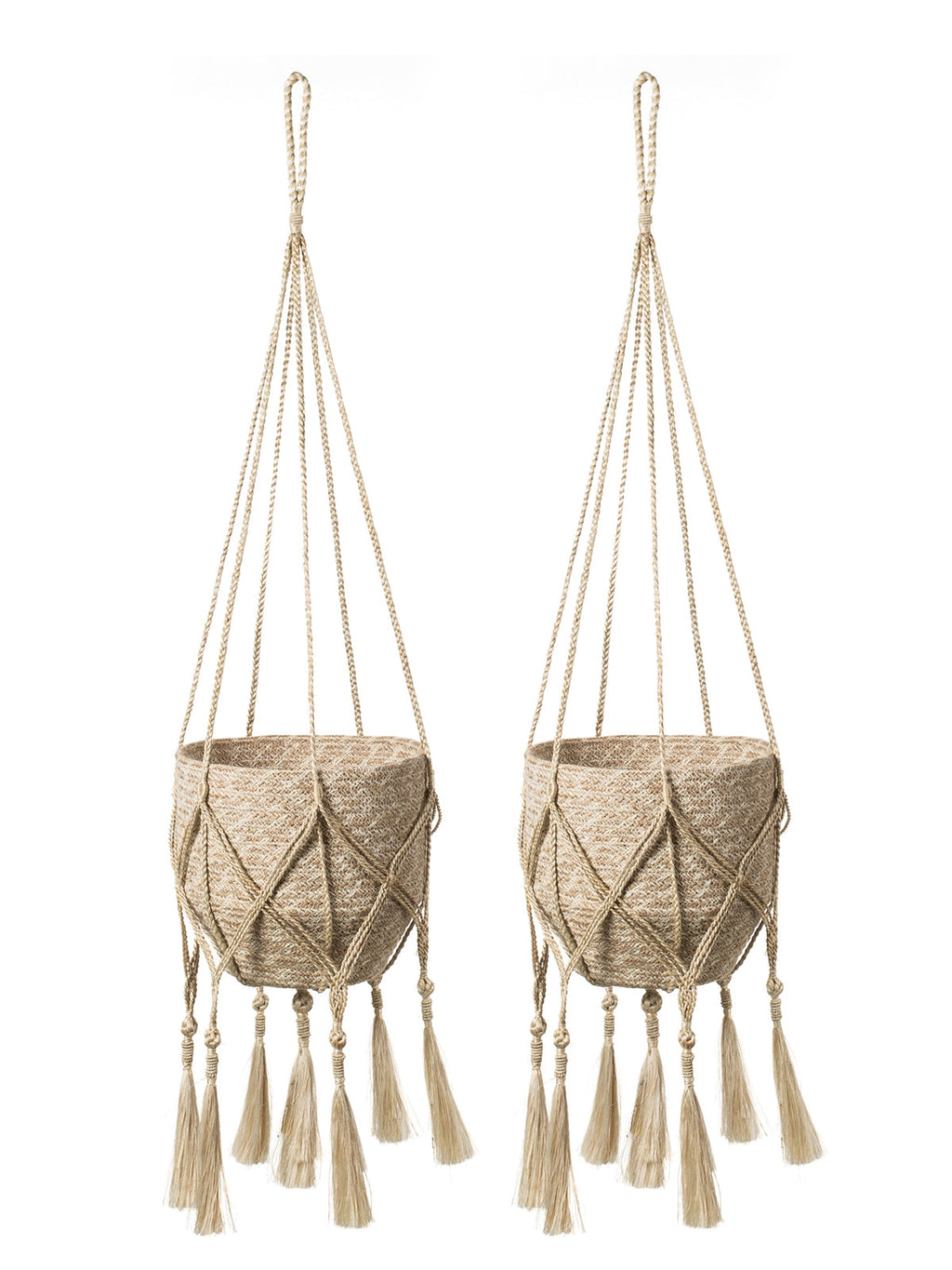 Two beige macrame plant hangers with tassels on a white background