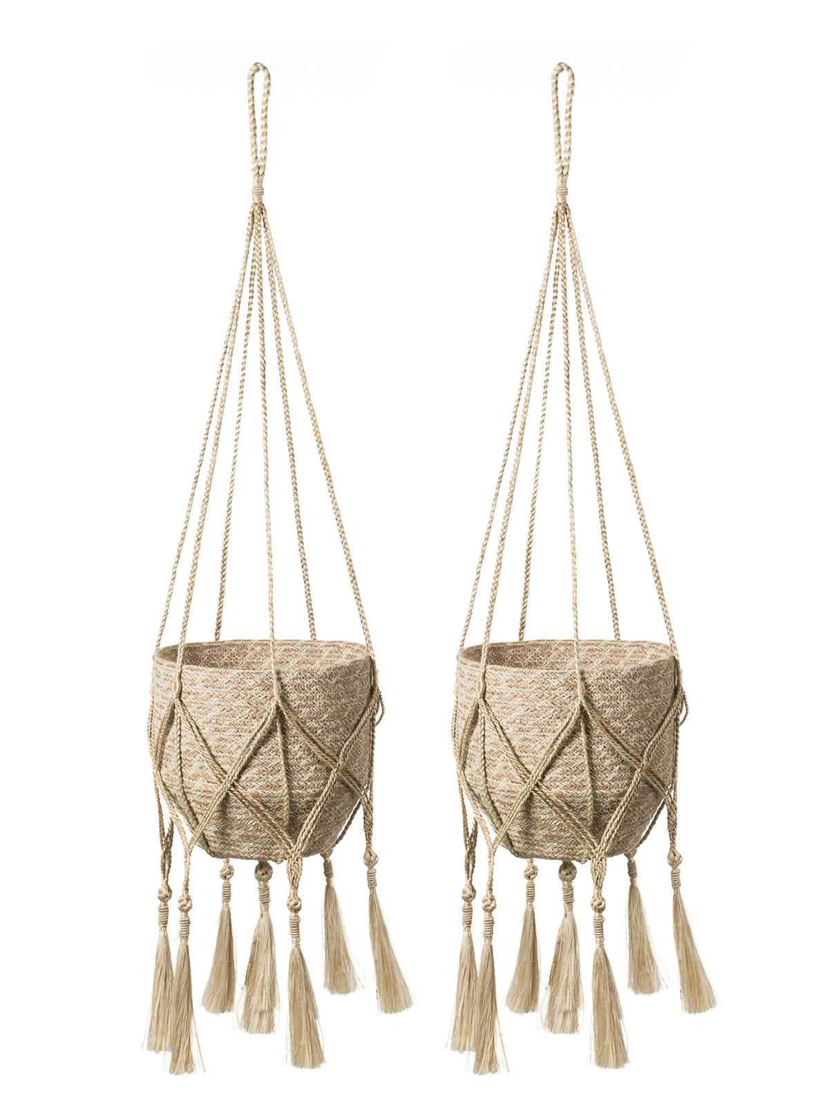 Two beige macrame plant hangers with tassels on a white background