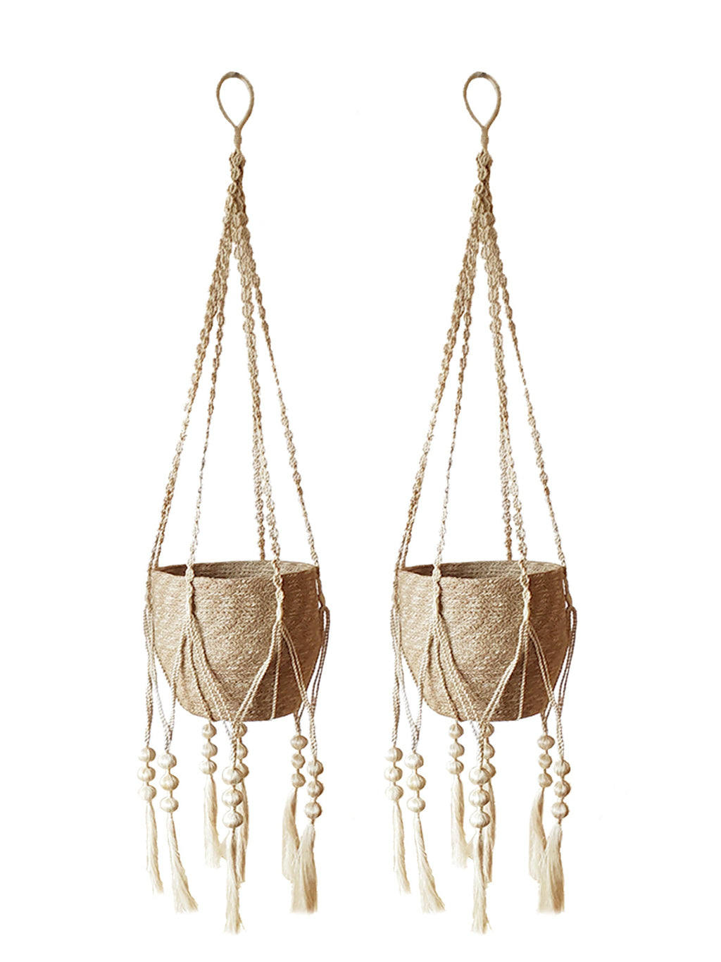 Two macrame plant hangers with woven designs and tassels on a white background.