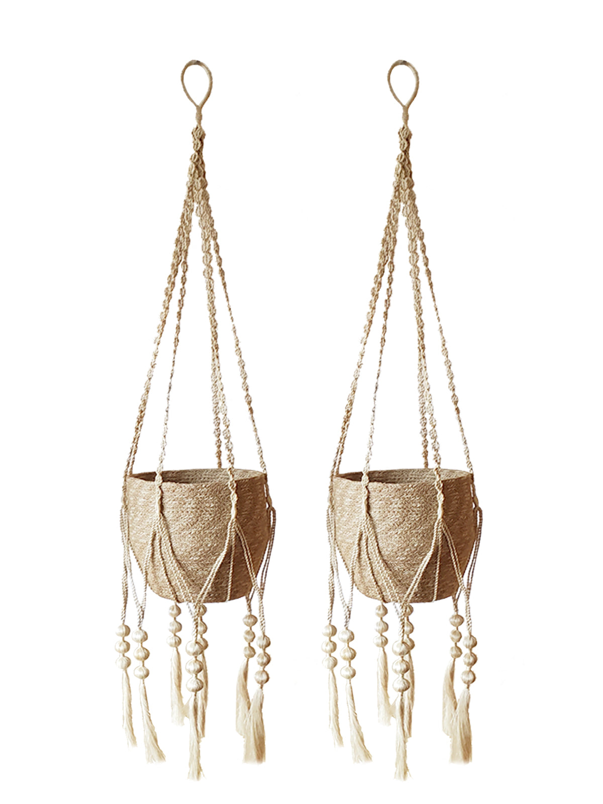 Two macrame plant hangers with woven designs and tassels on a white background.