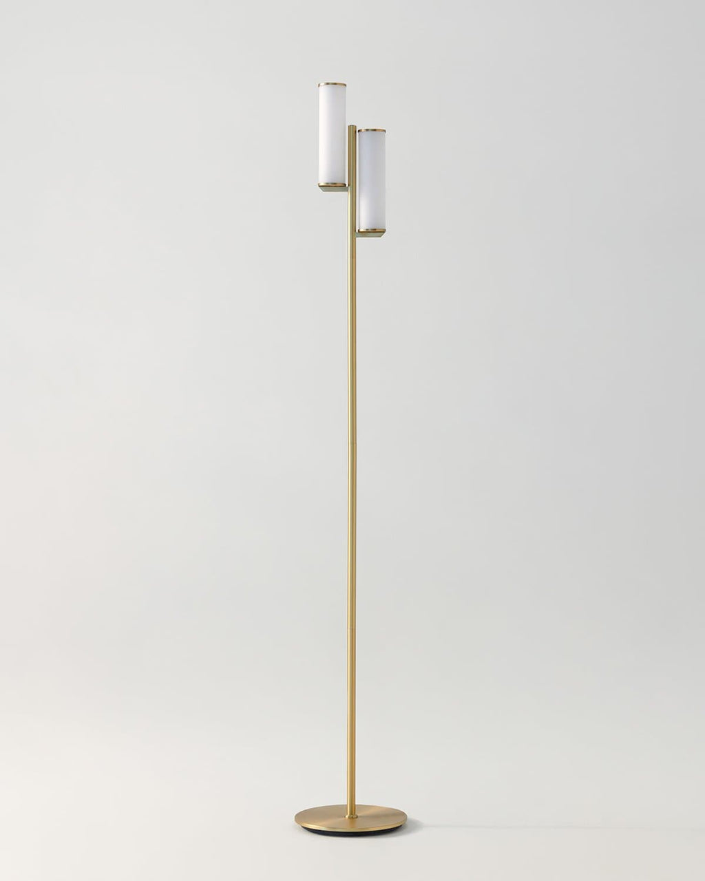 Floor lamp with two cylindrical shades on a light gray background