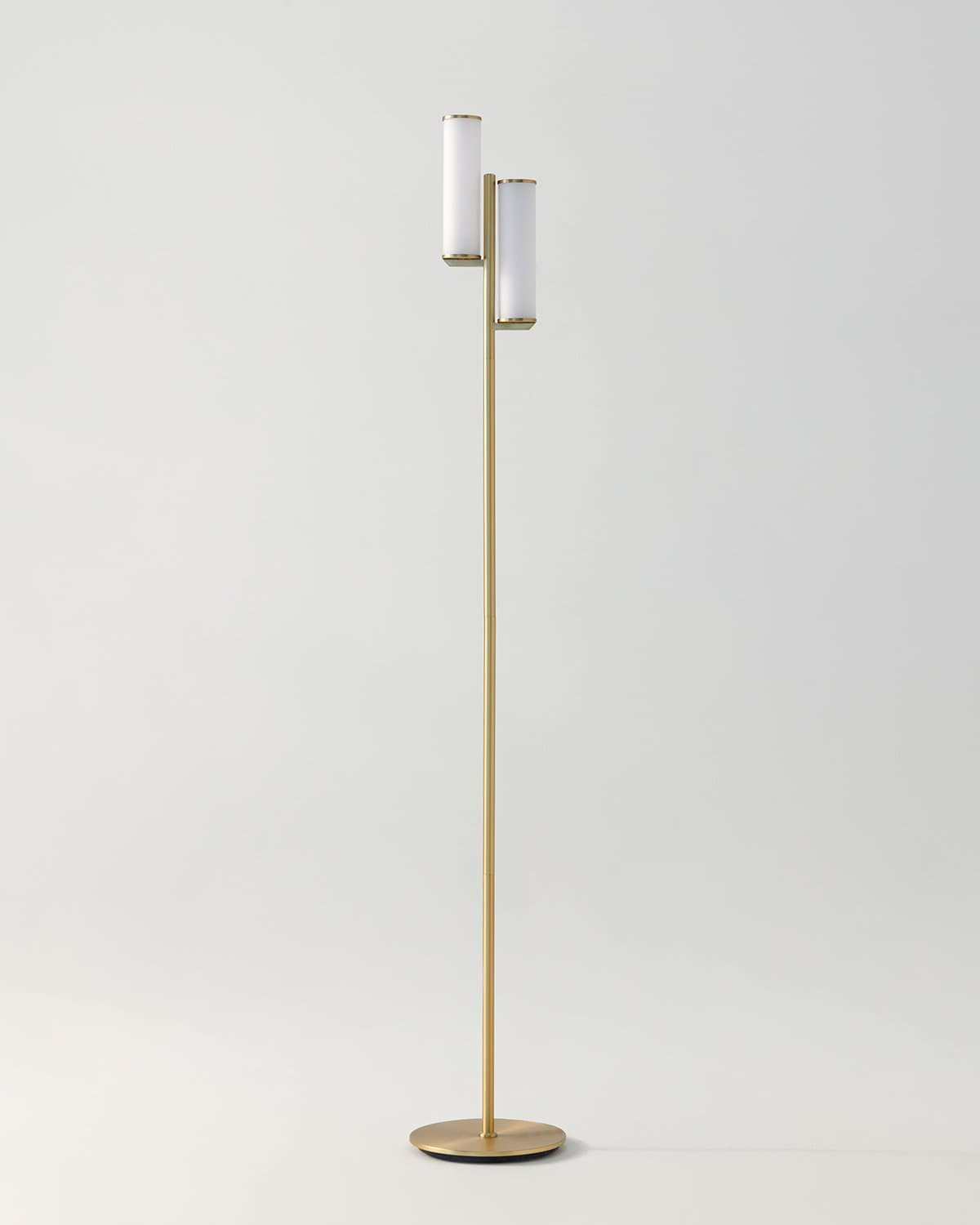 Floor lamp with two cylindrical shades on a light gray background