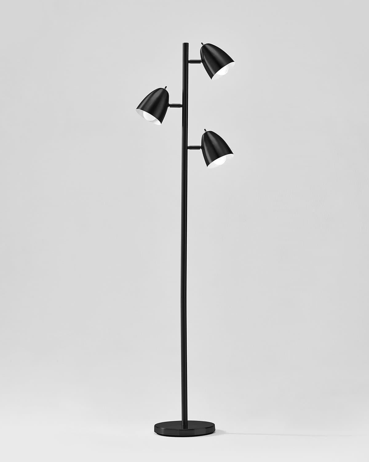 Black floor lamp with three light bulbs on a white background