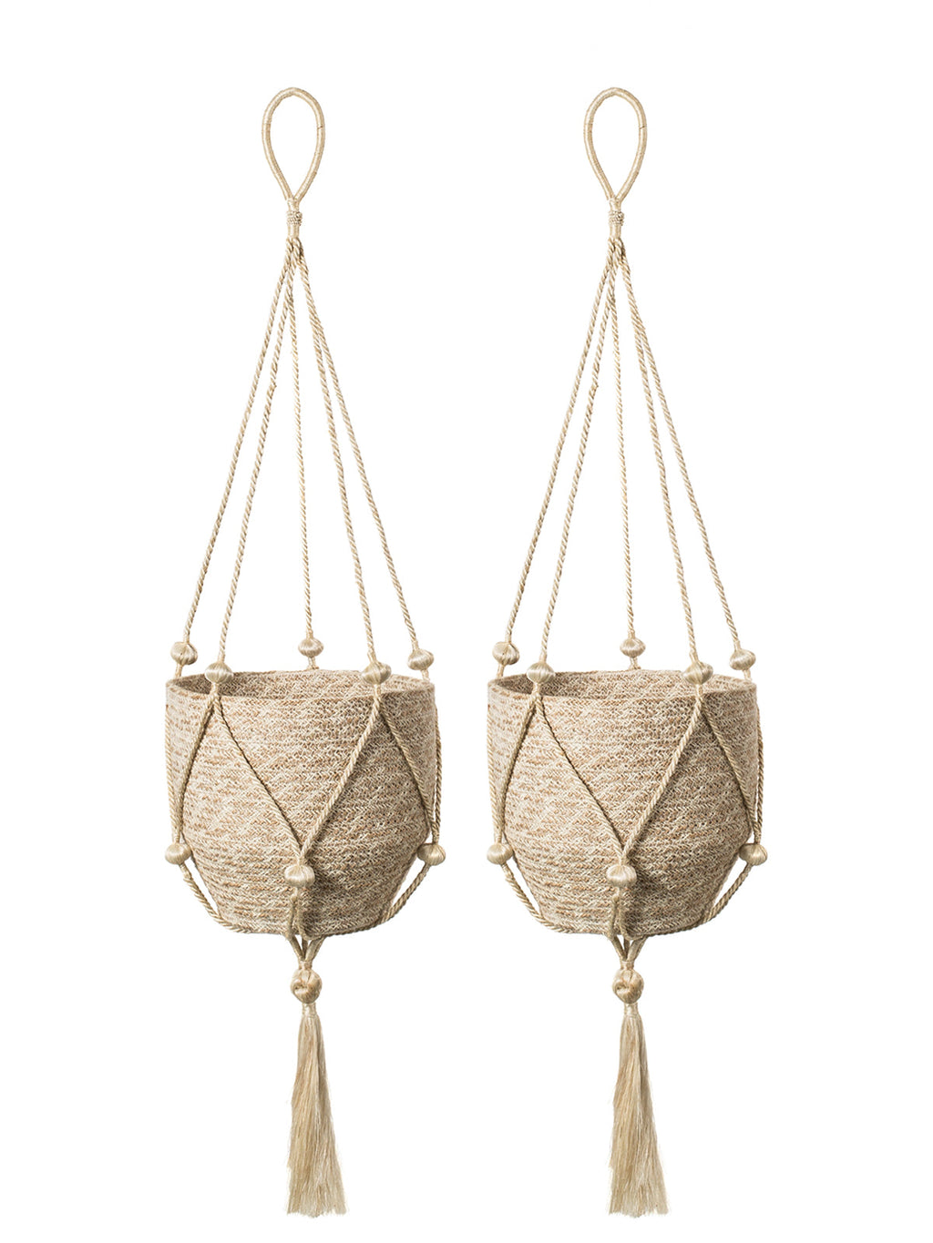 Two beige macrame plant hangers with tassels on a white background