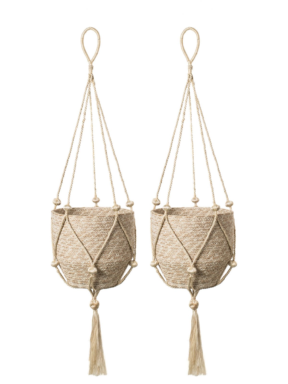 Two beige macrame plant hangers with tassels on a white background