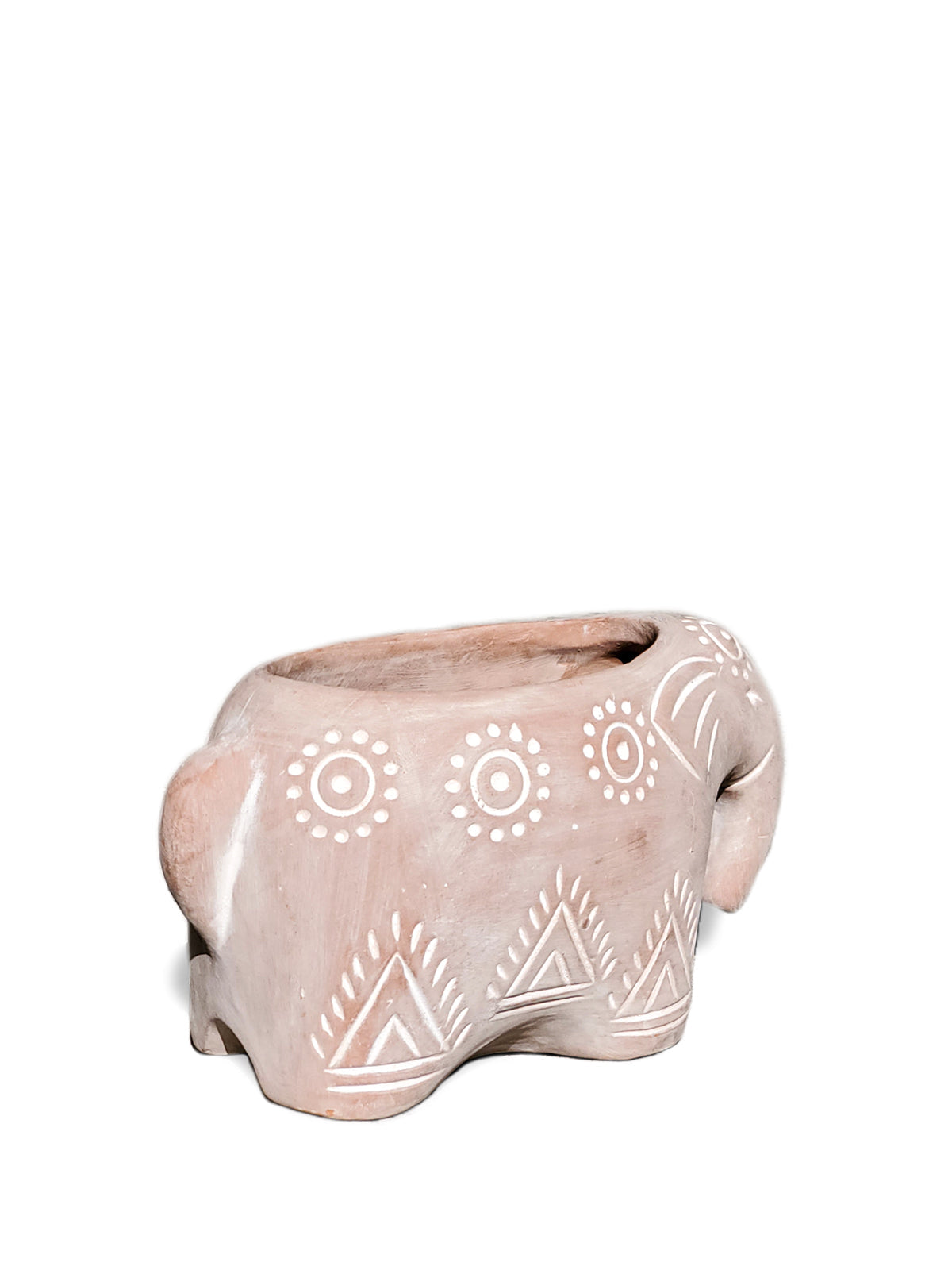 Ceramic elephant-shaped planter with white patterns on a white background