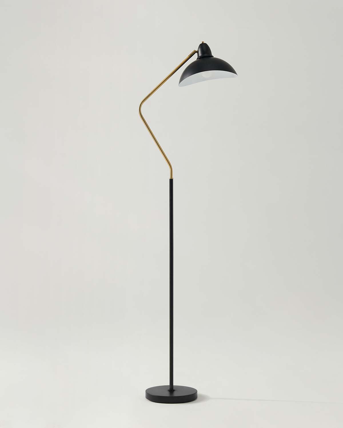 Black floor lamp with a curved arm on a white background