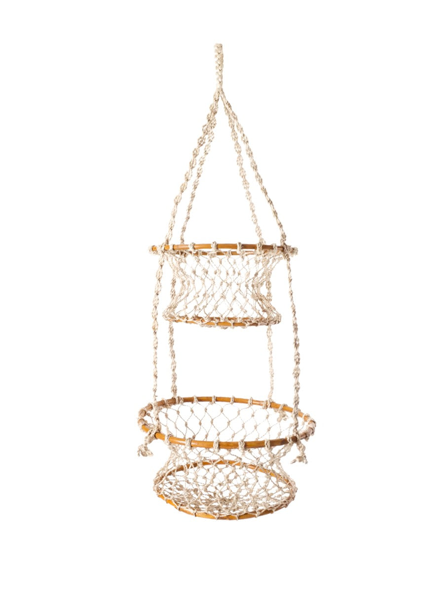 Three-tiered hanging basket with gold trim on a white background