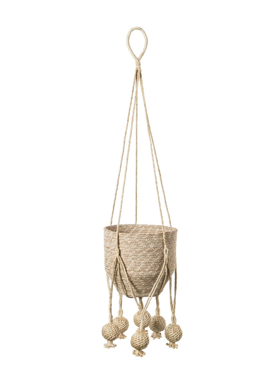 Beige woven plant hanger with decorative elements on a white background