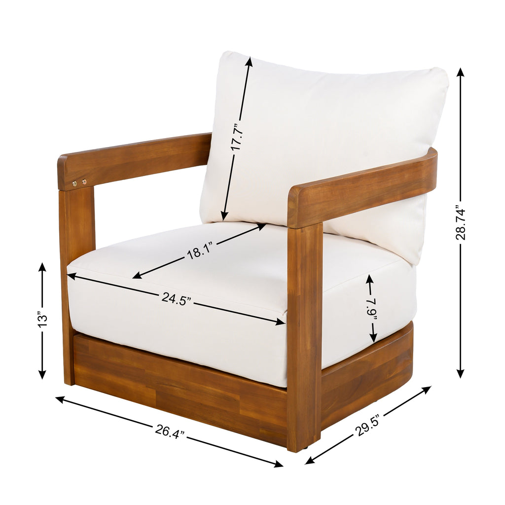 Wooden armchair with white cushions and dimensions marked on a white background