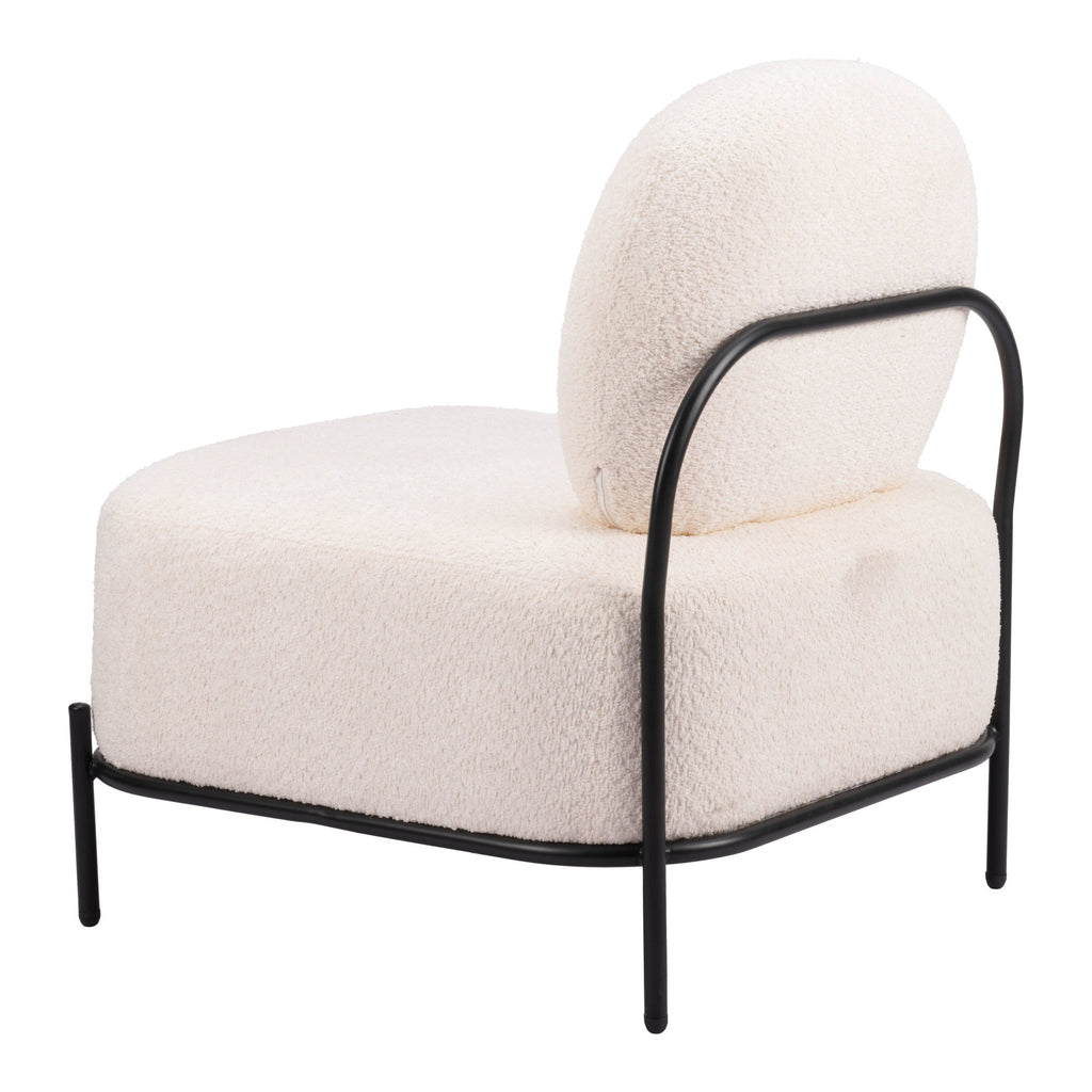 White upholstered chair with black metal frame on a white background