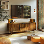 Wooden entertainment console with speakers and a TV in a living room setting.
