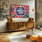 Living room with a TV displaying the FIFA World Cup 2026 logo, flanked by speakers and a wooden cabinet.