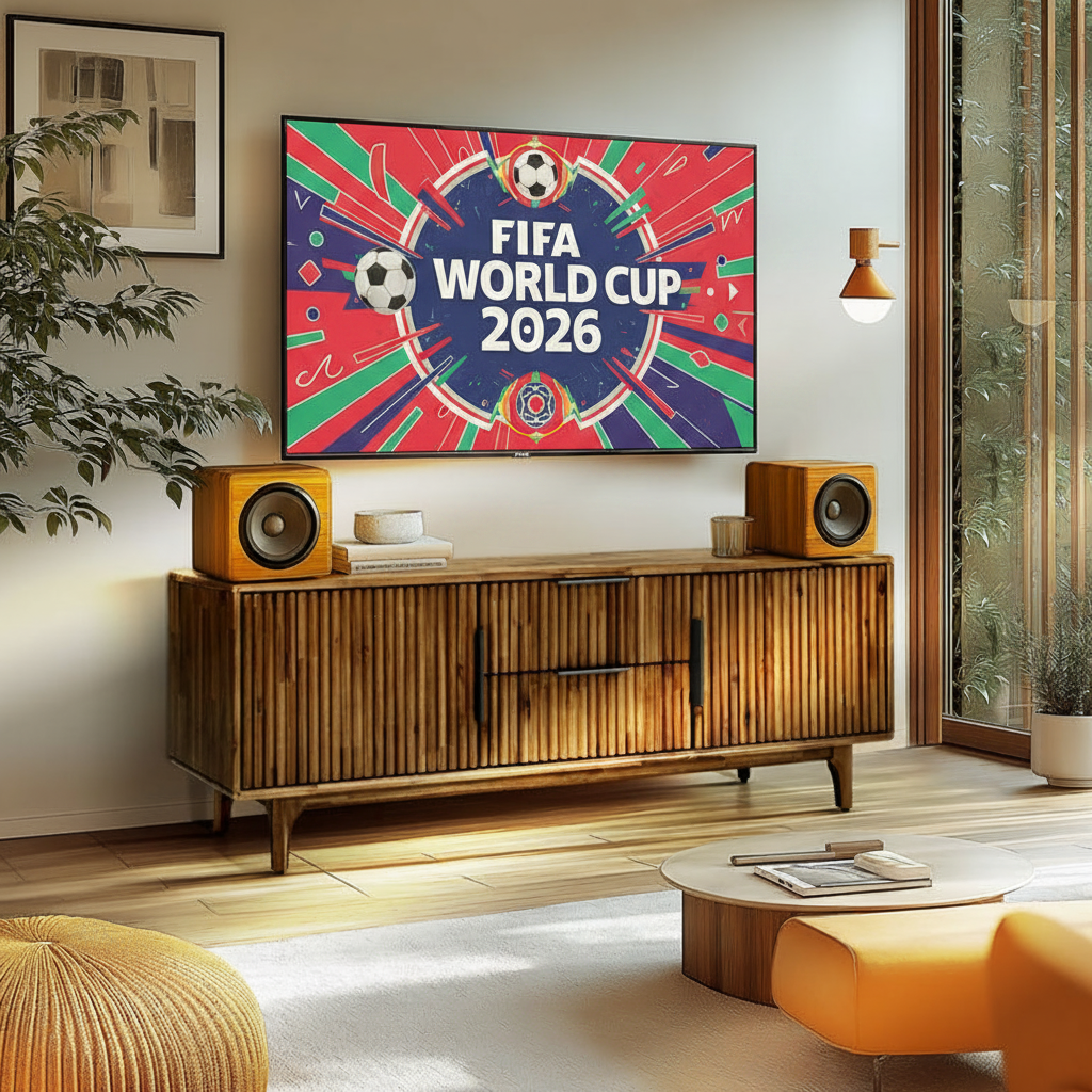 Living room with a TV displaying the FIFA World Cup 2026 logo, flanked by speakers and a wooden cabinet.