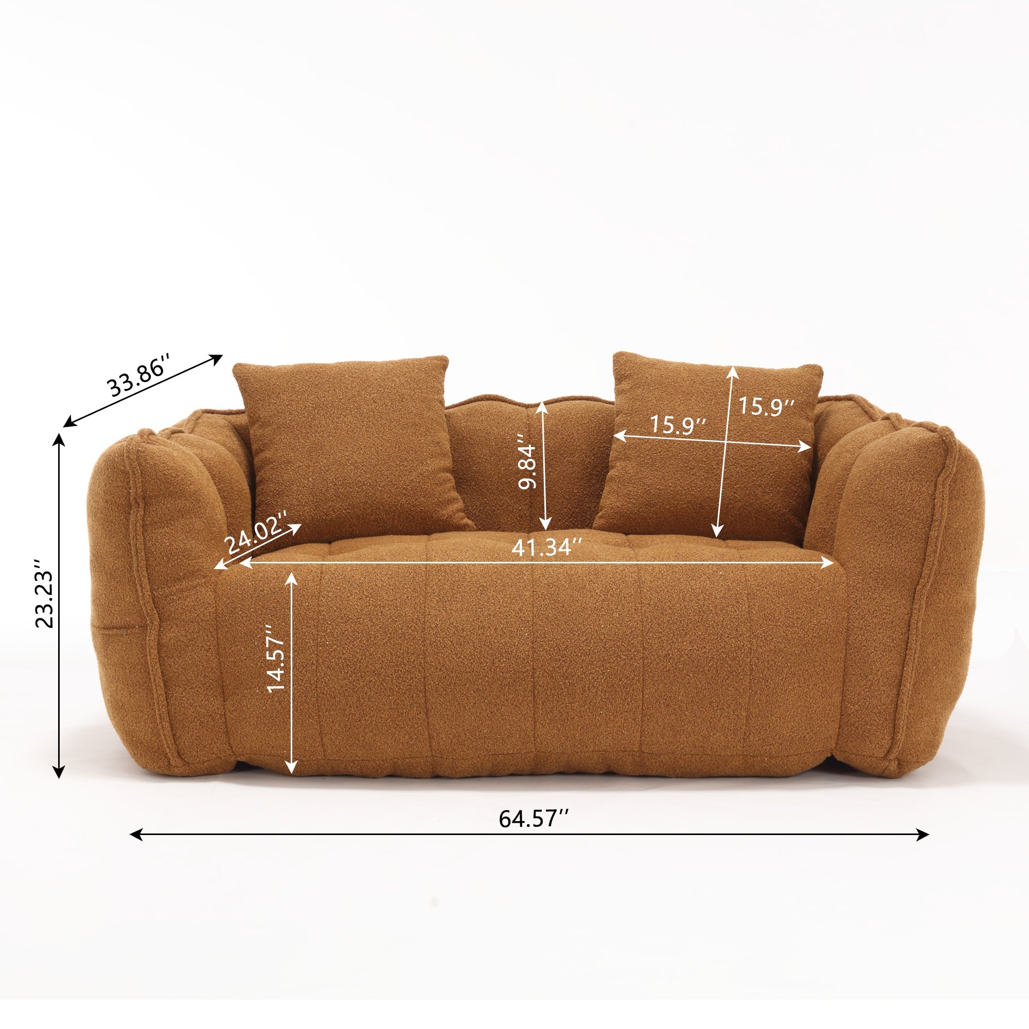 Brown sofa with dimensions marked on a white background