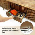 Wooden dresser with a drawer being opened, showing a soft-close mechanism.
