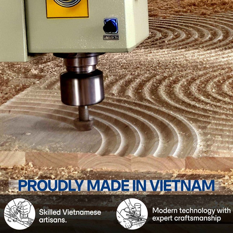 CNC machine cutting wood with 'Proudly Made in Vietnam' text and skilled Vietnamese artisans logo.
