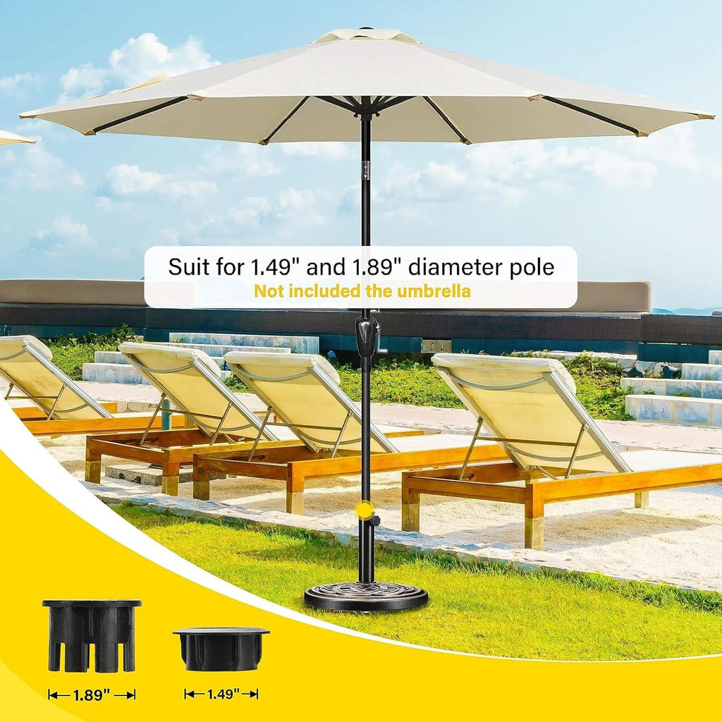 Beige patio umbrella with black stand on a poolside deck with lounge chairs.