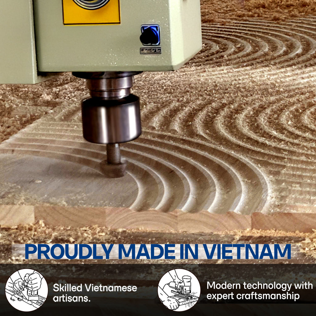 CNC machine cutting wood with 'Proudly Made in Vietnam' text and skilled Vietnamese artisans logo.