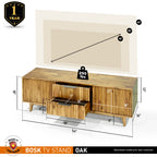 Wooden TV stand with dimensions and weight capacity on a white background