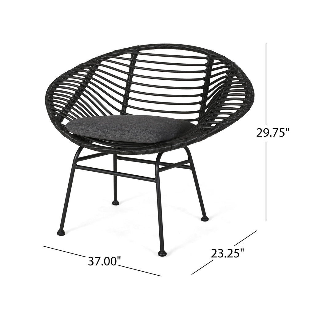 Black woven chair with dimensions on a white background