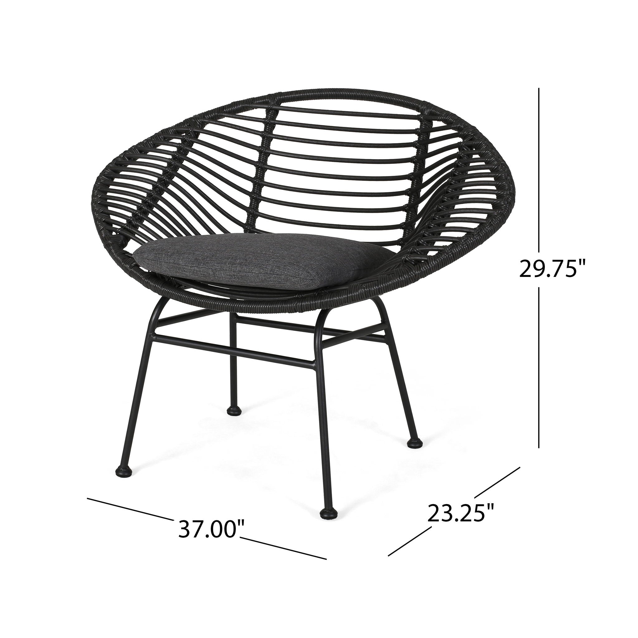 Black woven chair with dimensions on a white background