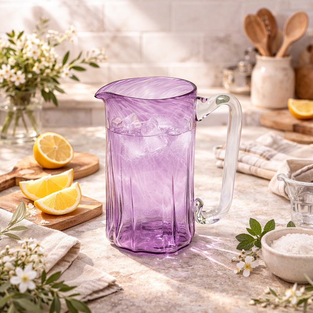 Purple glass pitcher on a kitchen counter with lemons and flowers