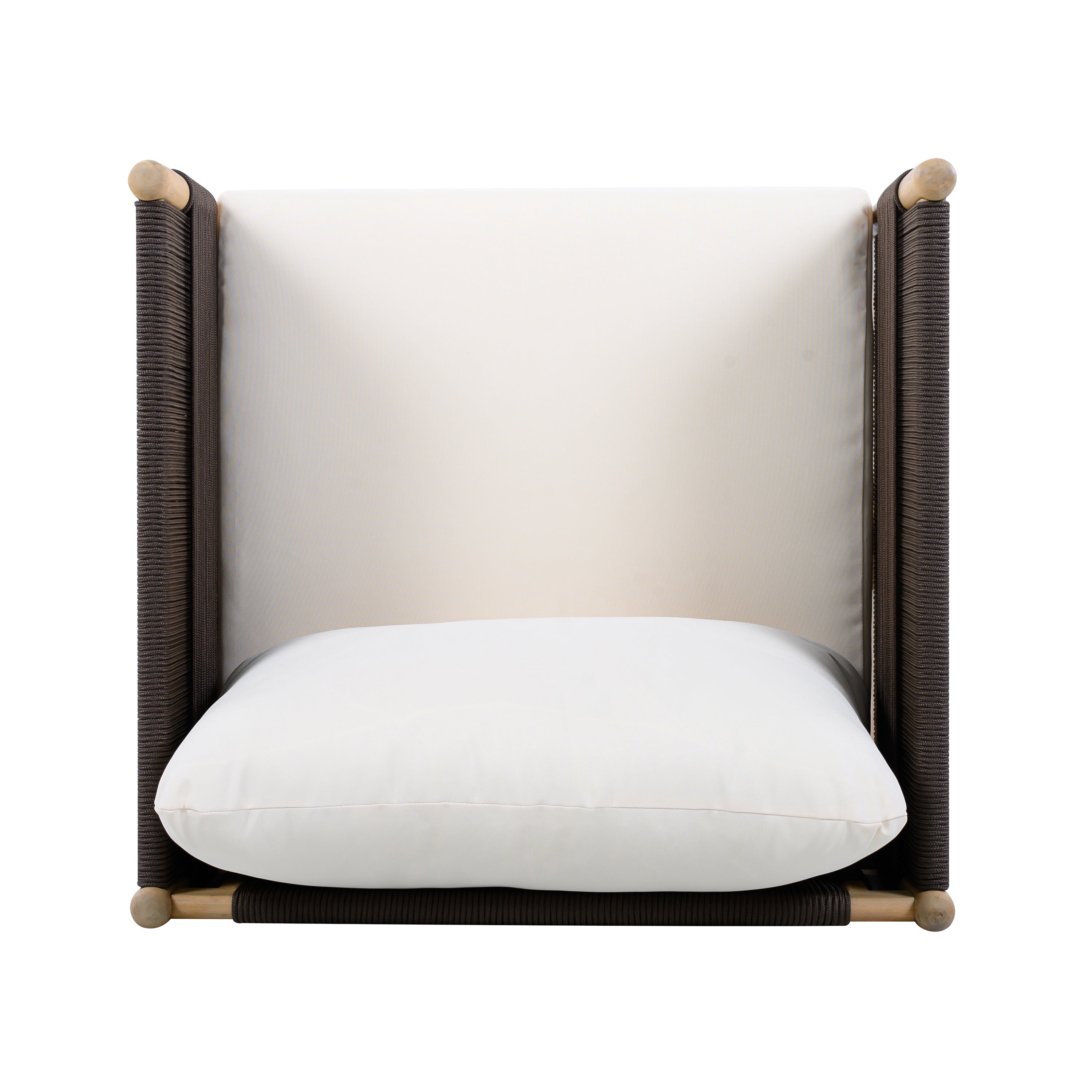 White cushion with brown wooden frame on a white background