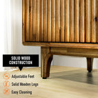 Wooden cabinet with adjustable feet and solid wooden legs on a light wood floor.