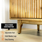 Wooden cabinet with adjustable feet and solid wooden legs on a light wood floor.
