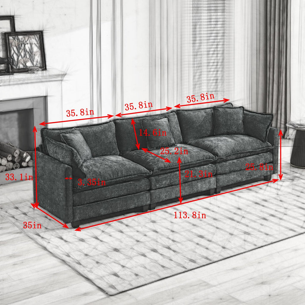 Grayscale sectional sofa with dimensions marked on a white background