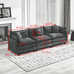 Grayscale sectional sofa with dimensions marked on a white background